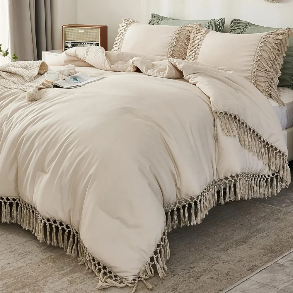 Cream Comforter with Textured Linen Look and Tassel Edges